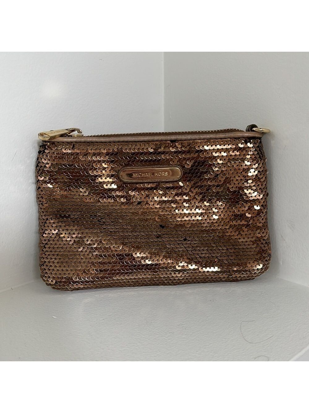 MICHAEL KORS Leather Sequin Bag Bronze Metallic Zip Top NOTE FLAW Missing Strap